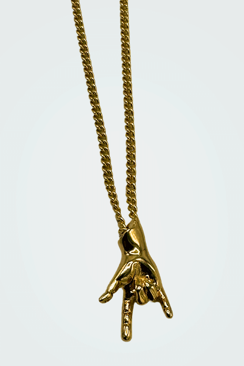 Dirty Pineapple EmojiHands pendant necklace gold I love U figure close up