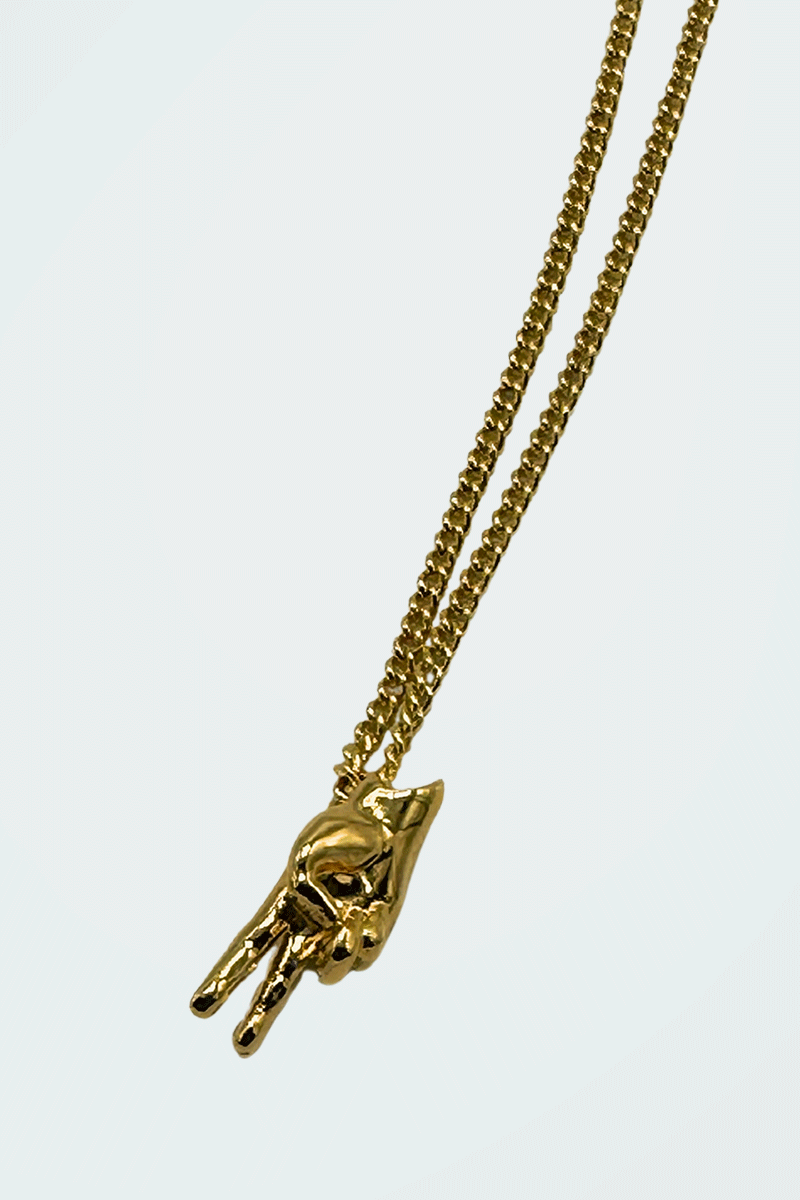 Dirty Pineapple EmojiHands pendant necklace gold Peace figure close up