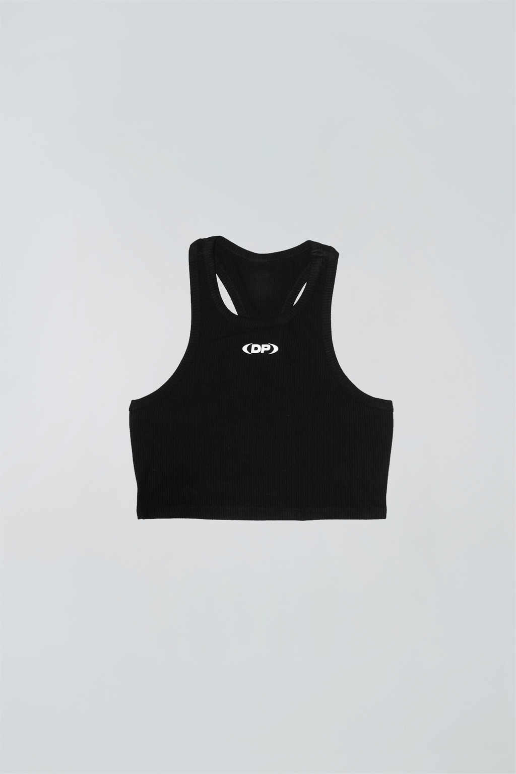 Black tank top with a logo on a light background