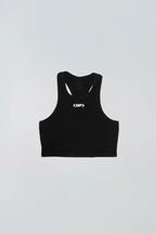 Black tank top with a logo on a light background