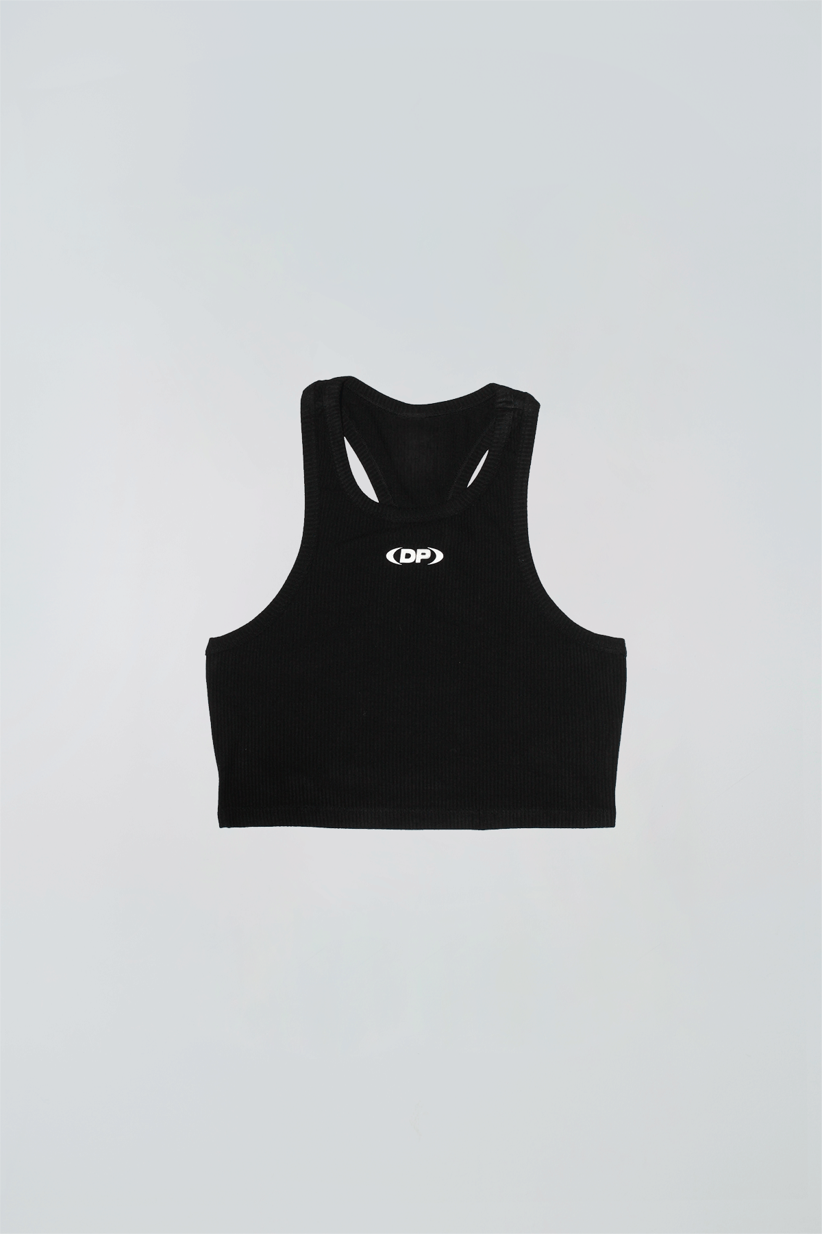 Black tank top with a logo on a light background