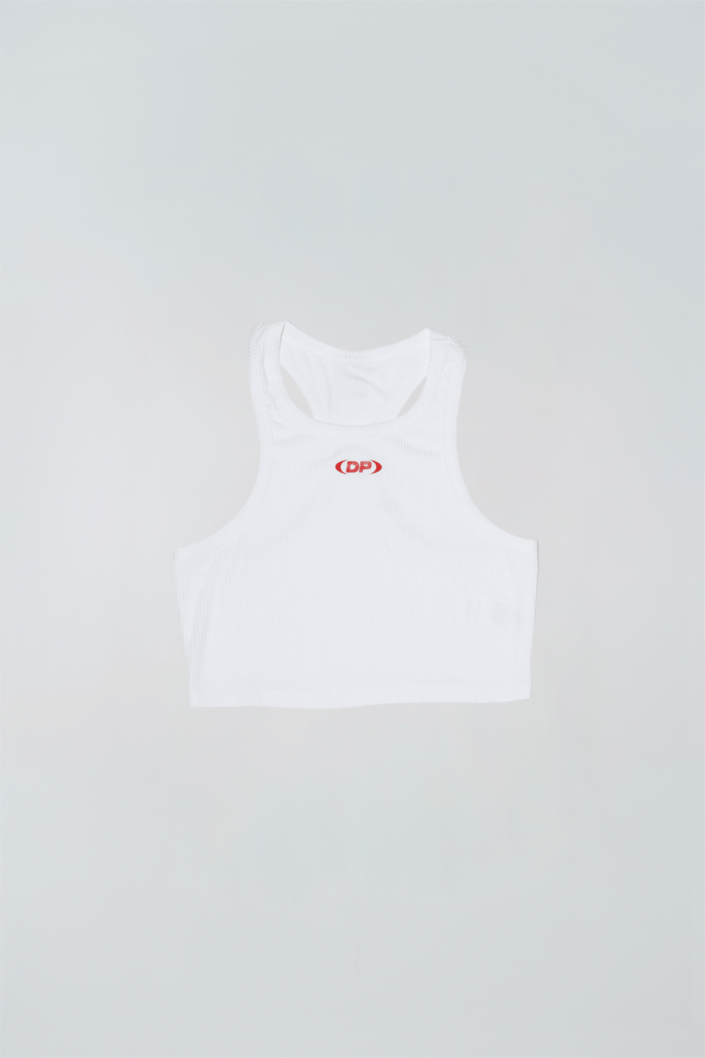 White tank top with a red logo on a light gray background