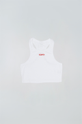 White tank top with a red logo on a light gray background