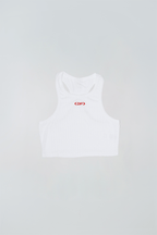 White tank top with a red logo on a light gray background
