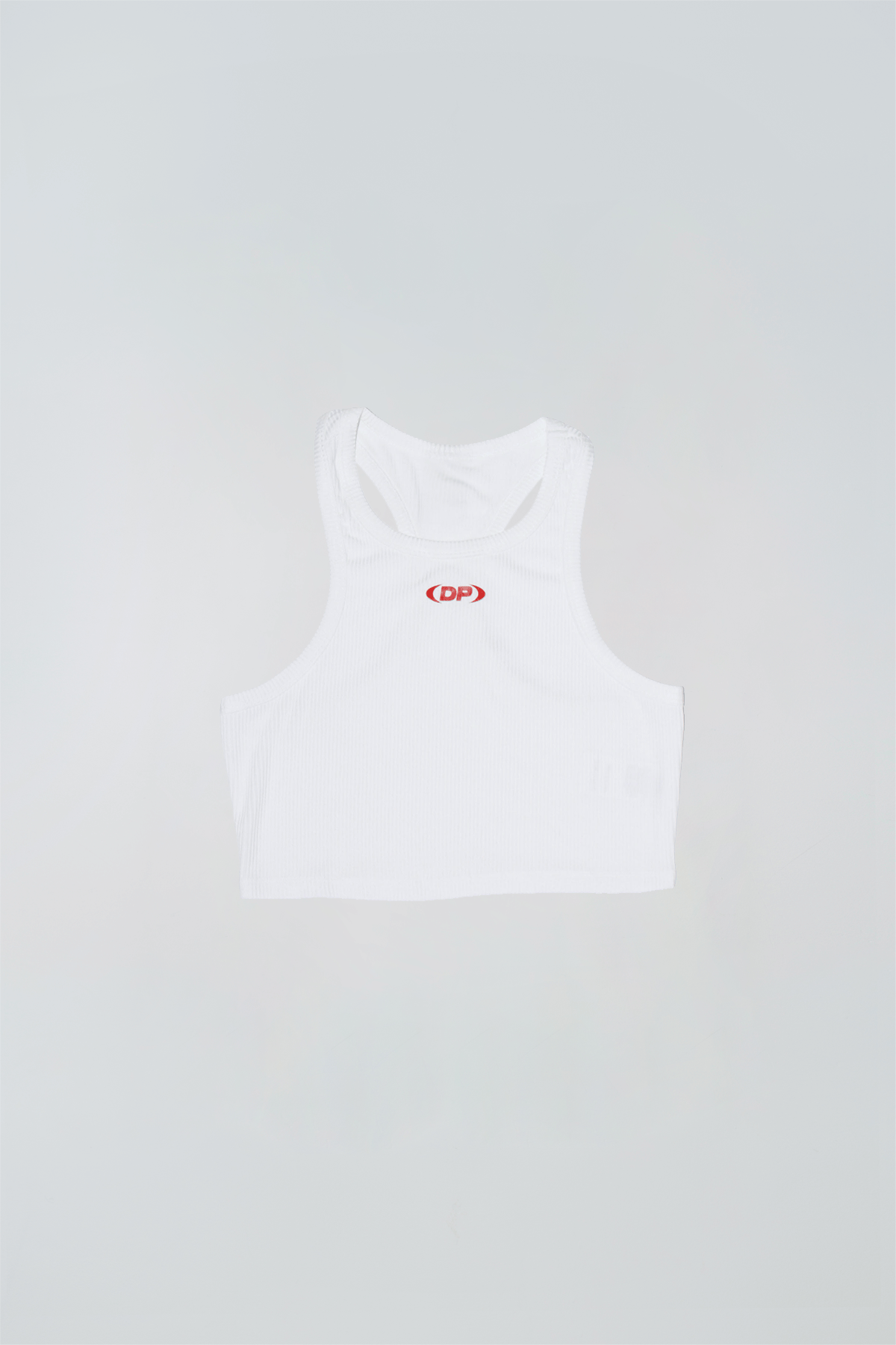 White tank top with a red logo on a light gray background