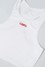 White tank top with a red logo on a light gray background