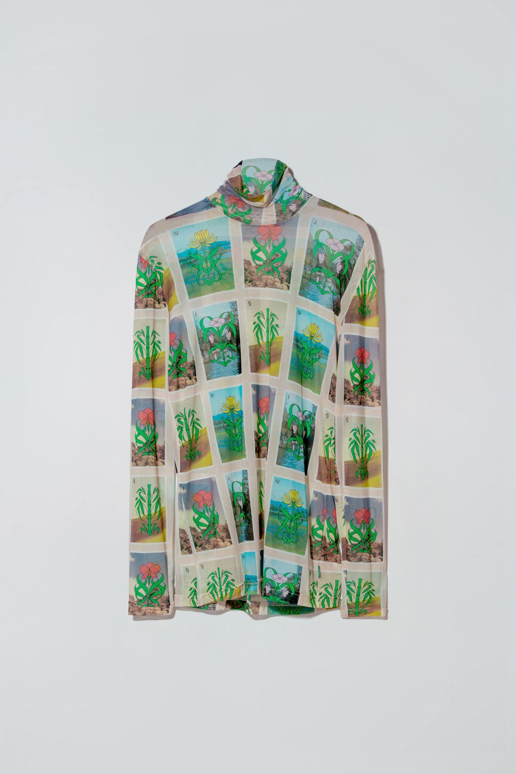Dirty Pineapple Mahjong flowers printed long-sleeved turtleneck top.