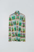 Dirty Pineapple Mahjong flowers printed long-sleeved turtleneck top.