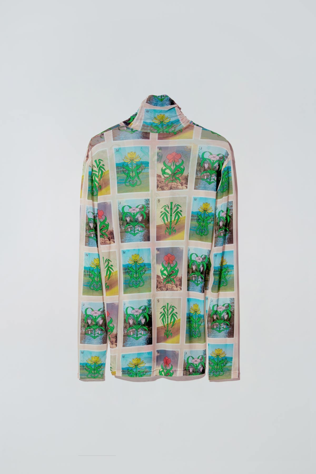 Dirty Pineapple Mahjong flowers printed long-sleeved turtleneck top.