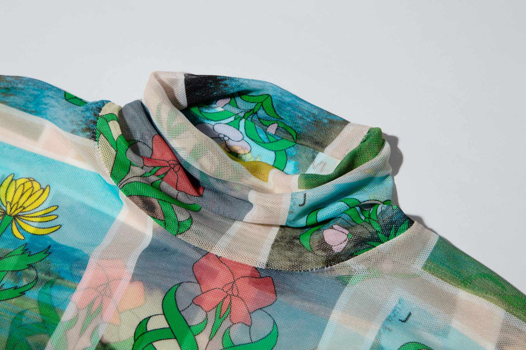 Dirty Pineapple Mahjong flowers printed long-sleeved turtleneck top.