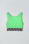 Neon green crop tank top with a black and white patterned band at the bottom
