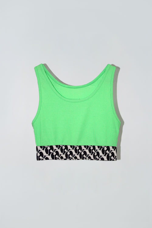 Neon green crop tank top with a black and white patterned band at the bottom