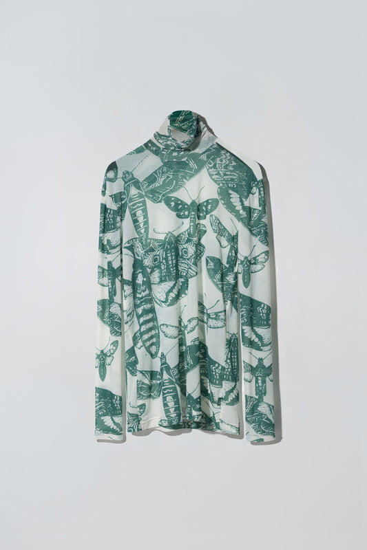 Animosity Mesh Turtleneck in Rotten Butterflies Print Green