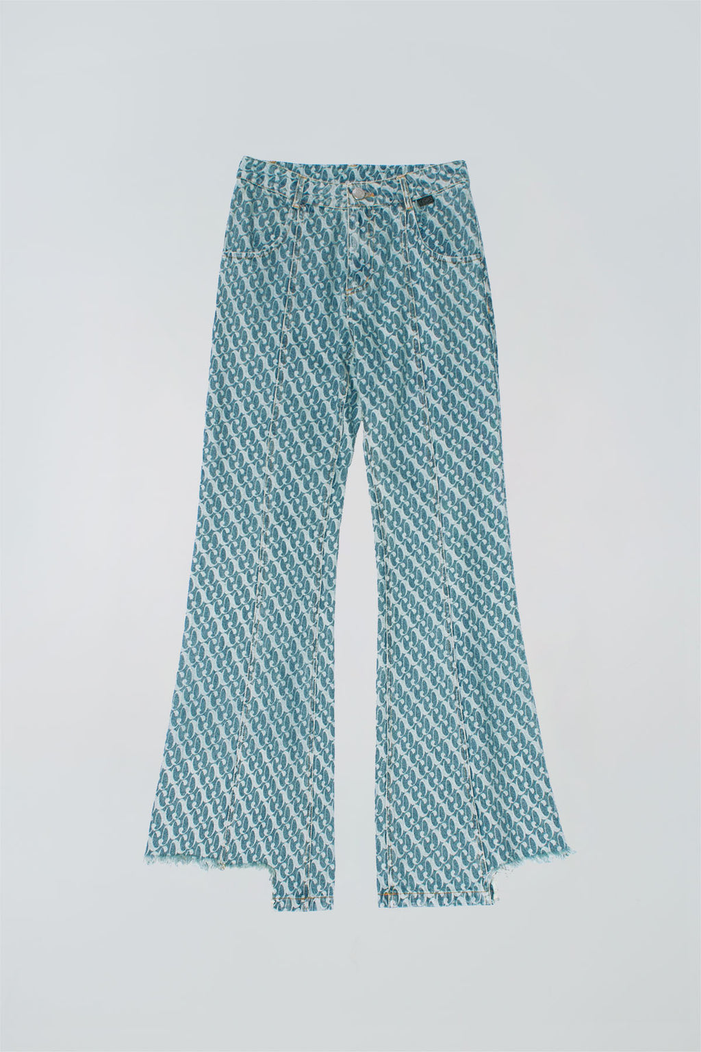 Dirty Pineapple signature patterned denim pants flare fit over white background