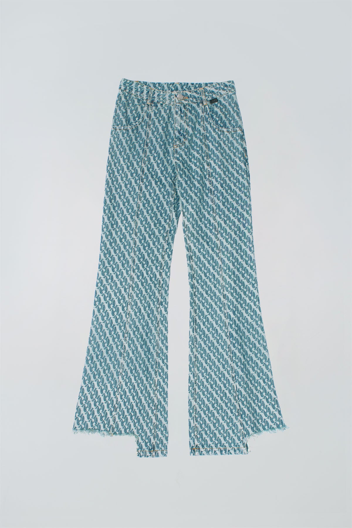 Dirty Pineapple signature patterned denim pants flare fit over white background